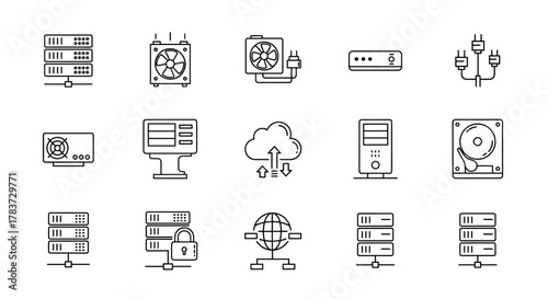 Collection of line icons representing data center equipment and technology, including servers, hard drives, cooling fans, cloud storage, network globes, and security locks, presented on a clean white