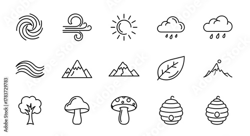 Abstract Nature Logo Design: A Vector Cartoon Illustration Featuring a Set of Ordered Line Icons on a White Background, Showcasing Elements Like a Hurricane, Wind, Sun, Rain Clouds, Waves, Mountains