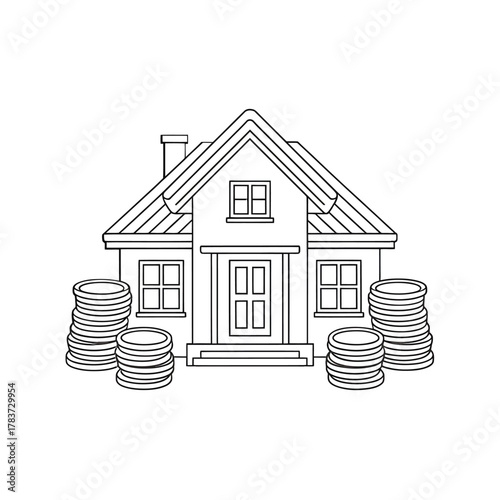 House with stacks of coins representing real estate investment and wealth