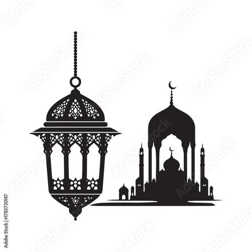 ramadan lantern and mosque skyline vector silhouette clip art logo design illustration. abstract lantern and mosque icon set collection