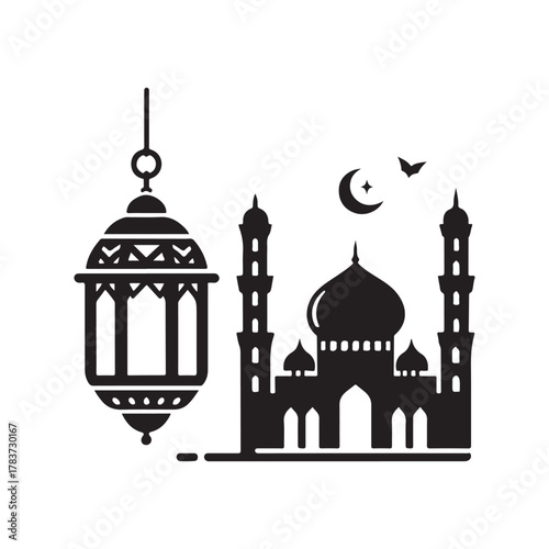 ramadan lantern and mosque skyline vector silhouette clip art logo design illustration. abstract lantern and mosque icon set collection