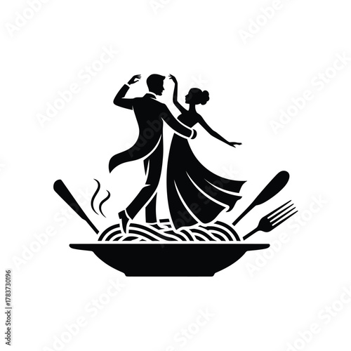 Couple dancing elegantly over a plate of spaghetti and cutlery