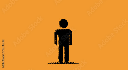 A minimalist black silhouette of a person stands against a vibrant, solid orange background, with a subtle textured effect on the figure and a sketchy line representing the ground, symbolizing