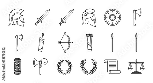 Collection of archaic war-related vector line icons, featuring helmets, swords, shields, axes, bows, arrows, spears, scrolls, and scales of justice, presented with editable strokes and a 48x48