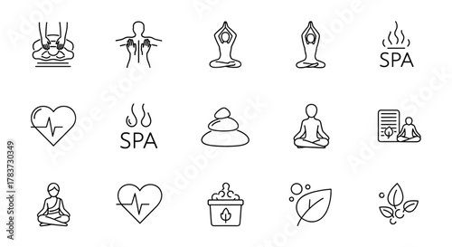 Set of thin line wellness icons including relaxation, massage, yoga, spa, meditation, health, and wellbeing, presented as editable stroke icons, perfect for health and lifestyle themes, vector