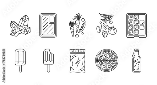 A vibrant and clear outline vector icon set featuring a variety of frozen food and related items, including ice crystals, a frozen meal tray, frozen vegetables, an ice cube tray, popsicles, a freezer