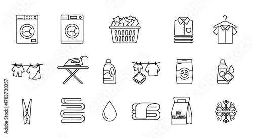 A clean and modern vector illustration set featuring laundry service icons, including washing machines, laundry basket, iron, clothesline, detergent, folded clothes, and dry cleaning bag, all
