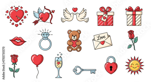 A vibrant and charming collection of Valentine's Day icons, perfect for adding a touch of love and romance to your designs. This set features a heart pierced by Cupid's arrow, two doves, a teddy bear
