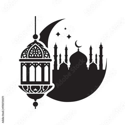 ramadan lantern and mosque skyline vector silhouette clip art logo design illustration. abstract lantern and mosque icon set collection