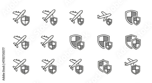 Set of minimalistic airplane and shield icons, representing travel insurance, security, and protection for web, graphic design, apps, banners, social networks, and cards. Vector cartoon illustrations