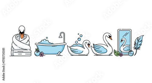 Charming cartoon illustration of a swan spa and beauty concept, featuring a swan wrapped in towels, a bubbly bathtub, a swan in soapy water, a swan with blue accents, and a swan reflected in a