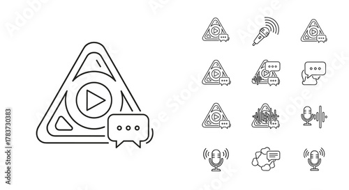 Set of outline icons representing podcasting and audio communication, featuring a prominent triangle play button with chat bubbles, microphones with sound waves, and waveform graphics, all designed