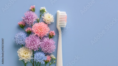 Pastel Colored Flowers With White Toothbrush On Light Blue Background For Wallpaper, Poster, Banner. Artistic Oral Care Composition With Natural Aesthetic.