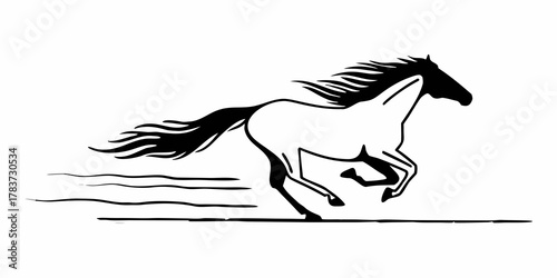 Illustration of a horse running with a flowing mane and tail in black and white style art design