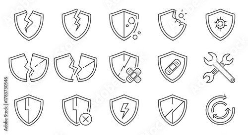 Collection of outline icons representing security, protection, and repair. Includes broken shields, cracked shields with lightning, shields with bandages, shields with gears, shields with crosses