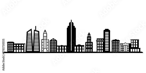 Silhouette of a city skyline with various tall buildings and structures in a monochrome black and white design