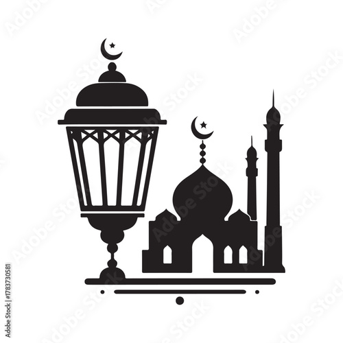 ramadan lantern and mosque skyline vector silhouette clip art logo design illustration. abstract lantern and mosque icon set collection