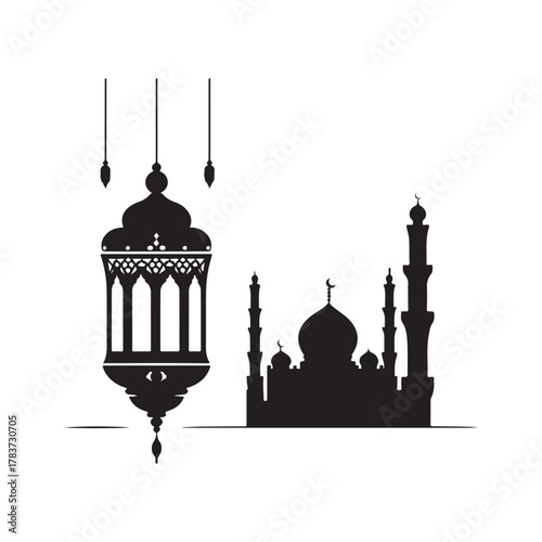 ramadan lantern and mosque skyline vector silhouette clip art logo design illustration. abstract lantern and mosque icon set collection