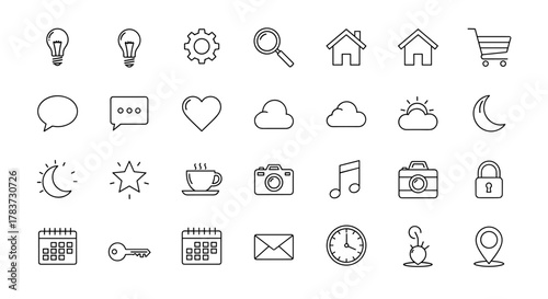 A diverse collection of outline icons, including a lightbulb, gear, magnifying glass, house, shopping cart, speech bubble, heart, cloud, sun, moon, star, coffee cup, camera, music note, lock
