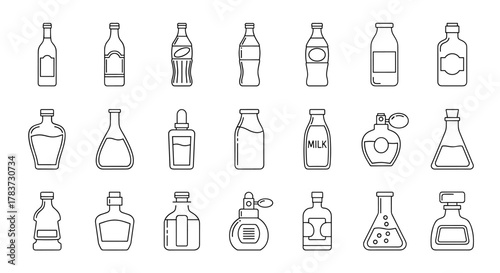 Collection of simple linear outline icons representing various bottles, including beverage bottles, milk bottles, perfume bottles, and laboratory flasks, suitable for web, print, and app design
