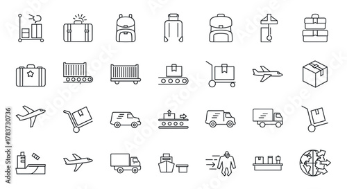 A comprehensive collection of thin line icons representing baggage and parcel transportation, including suitcases, backpacks, cargo containers, airplanes, trucks, ships, and delivery carts, suitable