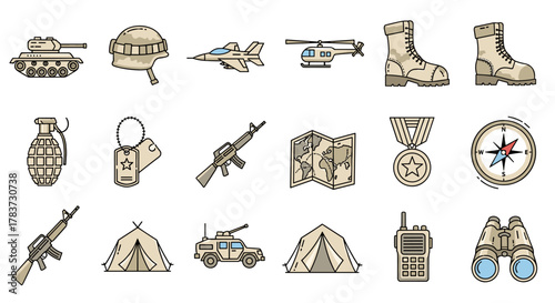 Collection of flat design military and army icons, including a tank, helmet, fighter jet, helicopter, boots, grenade, dog tags, rifle, map, medal, compass, binoculars, armored vehicle, tents, and