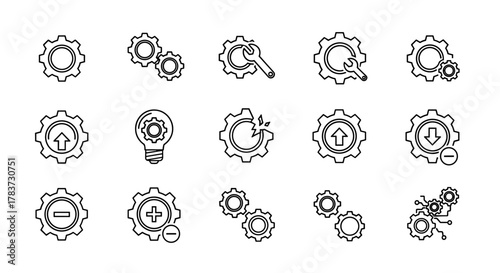 A collection of line icons representing cogwheels and gears, symbolizing industry, technology, and mechanics. Includes icons for settings, tools, ideas, and adjustments like add/remove, perfect for
