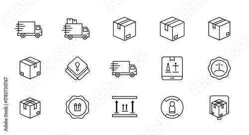 Bundle of Delivery Related Line Icons, including a truck with boxes, various shipping boxes, an exclamation mark alert symbol, and directional arrows for handling, perfect for graphic and web design