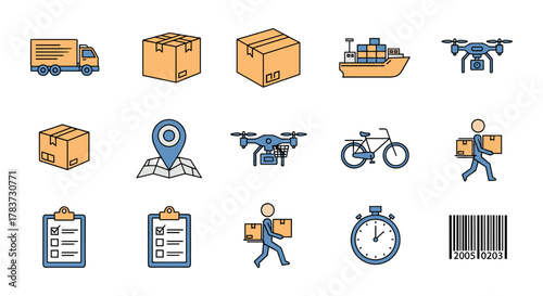 A vibrant collection of delivery-related line icons, featuring a truck, various boxes, shipping outline signs, a map pin, drones, a bicycle, a person carrying packages, a stopwatch, and a barcode