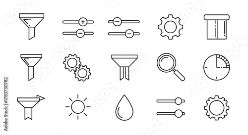 Collection of outline icons representing various functions and tools, including funnels, sliders with plus and minus signs, gears, a magnifying glass, a clock, a sun, a water drop, and a trash can