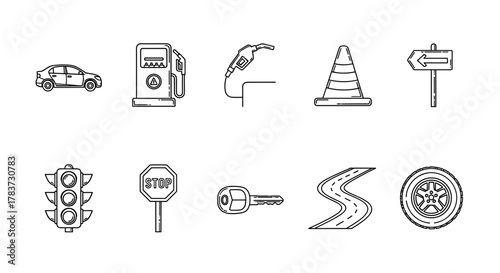 Set of outline icons representing transportation and road safety elements, including a car, gas station, fuel nozzle, traffic cone, directional sign, traffic light, stop sign, car key, winding road