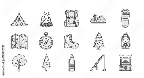 Camping thin line icon set with editable stroke, suitable for banners, cards, social networks, apps, vector cartoon illustration on a white background. Includes tent, campfire, backpack, mountains