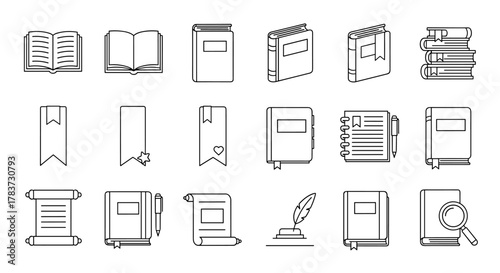 Collection of book, bookmark, diary, and writing-related line icons, featuring open and closed books, stacked books, scrolls, notebooks with pens, quill and inkwell, and a magnifying glass over a