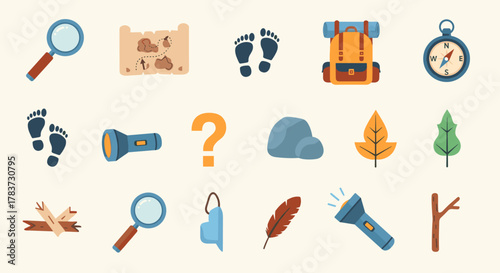 Vibrant Flat Vector Icons for a Children's Scavenger Hunt Adventure: Magnifying Glass, Treasure Map, Footprints, Backpack, Compass, Flashlight, Question Mark, Rocks, Leaves, Twigs, and Feather for