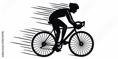 Silhouette of a cyclist wearing a helmet riding a bicycle with motion lines indicating speed and movement
