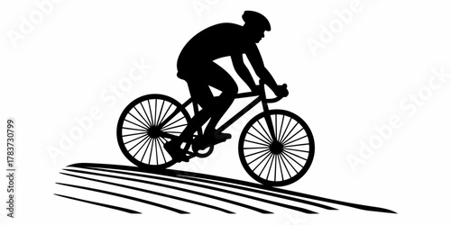 Silhouette of a cyclist riding a bicycle on a road with visible tire tracks in a vector graphic