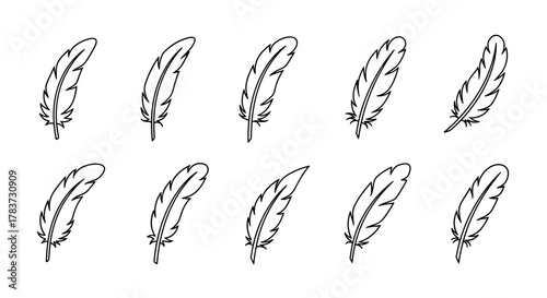 Collection of ten simple, linear, outline feather illustrations with editable stroke, suitable for web, books, cards, and apps, presented as a vector cartoon illustration on a white background