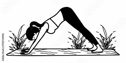 Woman in downward dog pose on yoga mat surrounded by grass in a black and white illustration style