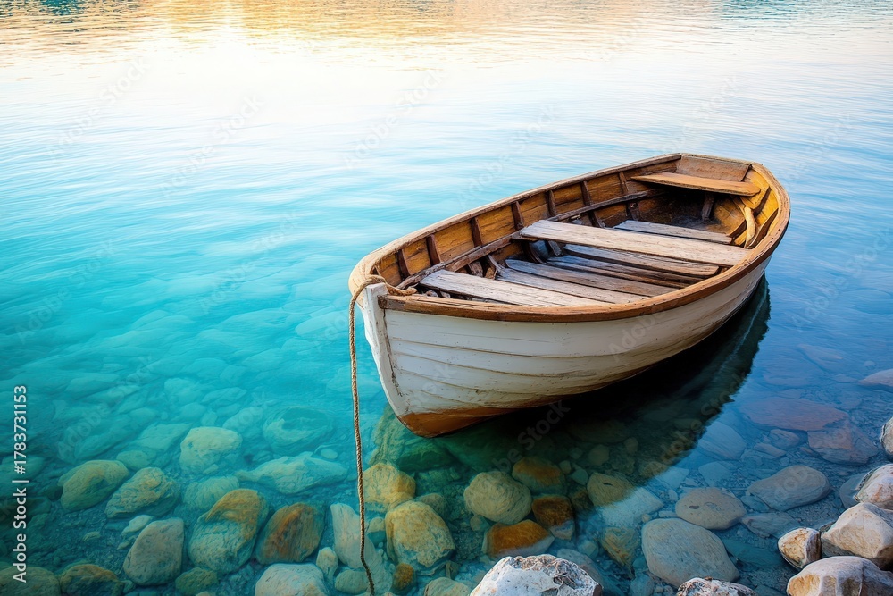 Obraz premium A tranquil wooden rowboat rests gently on the clear, turquoise water, bathed in the soft light of sunrise.