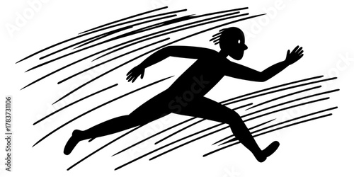 Silhouette of a person running with motion lines indicating speed and movement in black and white art