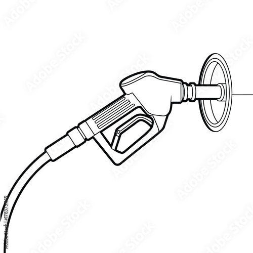 Black and white illustration of a fuel nozzle in a gas tank opening