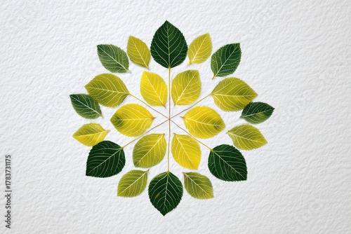 Geometric Leaf Mandala With Green And Yellow Leaves On Textured White Background For Wallpaper, Poster, Banner. Artistic Natural Composition With Organic Aesthetic.