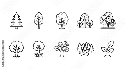 Collection of stylized line art icons representing various trees and a seedling, perfect for graphic design, web sites, cards, books, and articles, offering a clean and modern vector cartoon