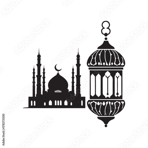 ramadan lantern and mosque skyline vector silhouette clip art logo design illustration. abstract lantern and mosque icon set collection