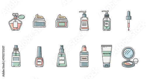 A collection of thin line icons representing various cosmetic and beauty products, including perfume bottles, creams, lotions, gels, toners, nail polish, body butter, and compact mirrors, perfect for