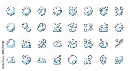 Collection of minimalistic vector cartoon illustrations featuring various bubble and foam designs, perfect for web, graphic design, apps, banners, social networks, and cards, all on a clean white
