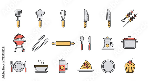 A vibrant collection of simple, linear cooking and food-related icons, perfect for graphic design, apps, and web concepts. This vector illustration features utensils, barbecue grill, skewers, chef's