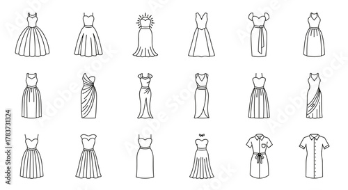 Collection of outline symbols of dresses drawn with thin lines for apps, websites, banners, infographics, and other types of design, vector cartoon illustration. Diverse dress styles including
