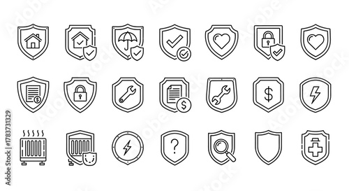 Collection of outline line icons representing defence, insurance, and protection, featuring shields with various symbols like houses, umbrellas, hearts, locks, documents, tools, money, lightning