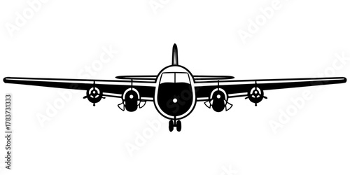 Illustration of a black and white airplane with propellers facing forward on a white background view